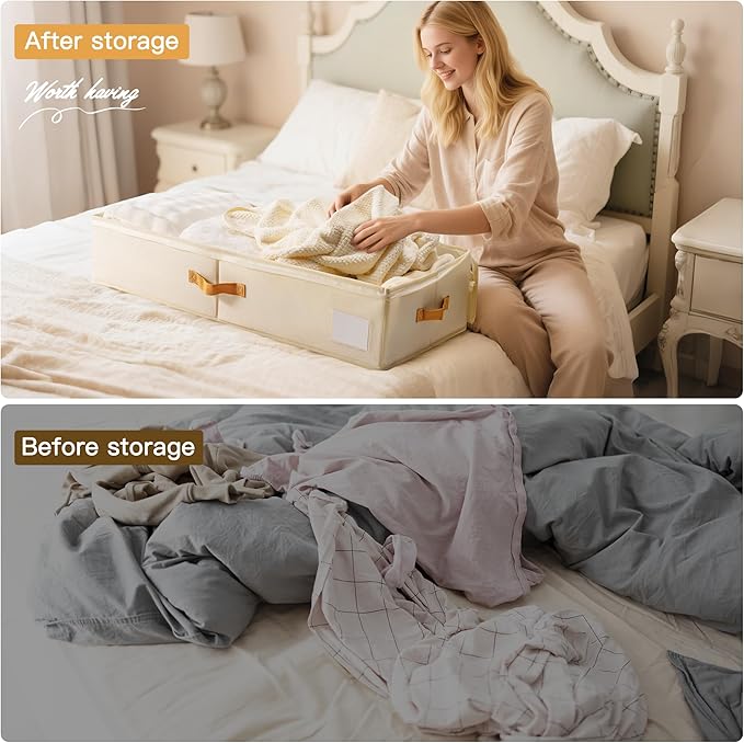 Criusia Under Bed Storage Bins with Clear PVC Lids – 2 Pack Large Underbed Organizers with Heavy-Duty Handles, Reinforced with 800G PP Panels & 80G Non-Woven Fabric – Waterproof & Foldable, Beige-NeatNest