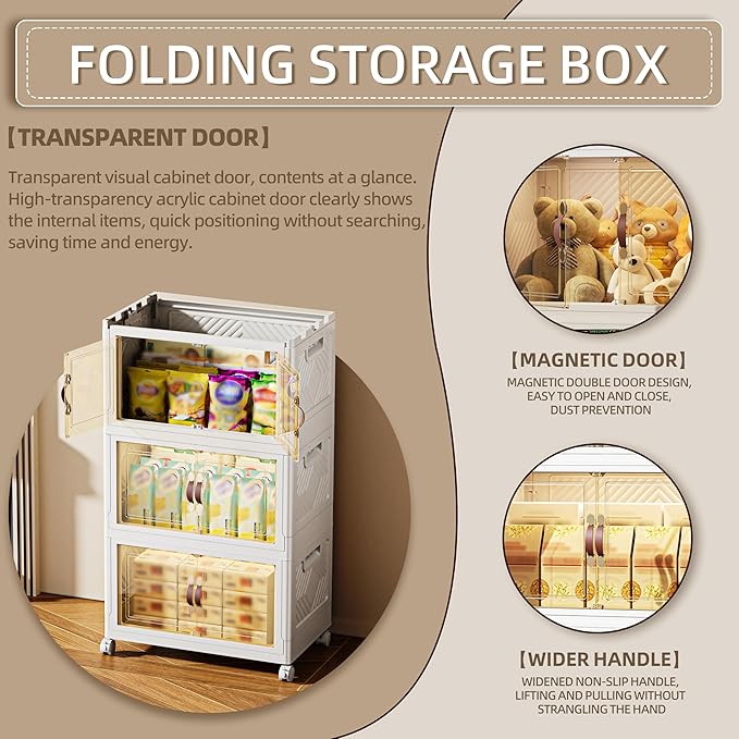 252 QT / 63 Gal Magnetic Door Storage Bins Collapsible Stackable w/1 Lid, Heavy Duty Plastic Cabinet with Wheels for Home Office Organization (White)-NeatNest