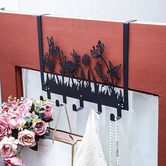 Geelin Metal Hummingbird Flower Over The Door Hooks Wildflowers Over The Door Nature Wall Decor with 5 Hooks Towel Holder for Bathroom Bedroom Kitchen Living Room Home Decor Gift-NeatNest