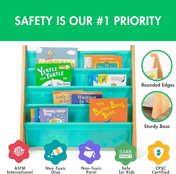 Humble Crew 4-Tier Kids Bookshelf, Natural Wood/Seafoam Green - Premium Book Shelf for Kids Rooms with Four Deep Pockets - Toddler Sling Book Rack with Deep Sleeves, Nursery Bookcase Organizer