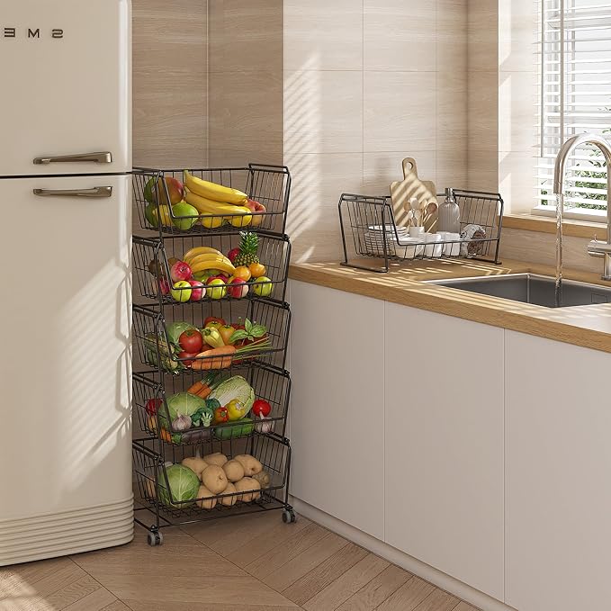 PUSDON Stackable Metal Storage Carts, Dual Use Shelf for Kitchen Fruit Vegetable Baskets with Wheels, Storage Rack for Living Room, Home & Office, Standard Black 6 Tiers