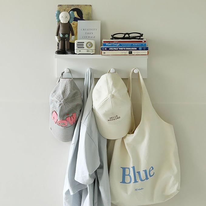 Entrance Coat Rack ，Coat Hooks, Wall-Mounted Wooden Hook Rack, Wall-Mounted Shelves are Very Suitable (White Finish-1)