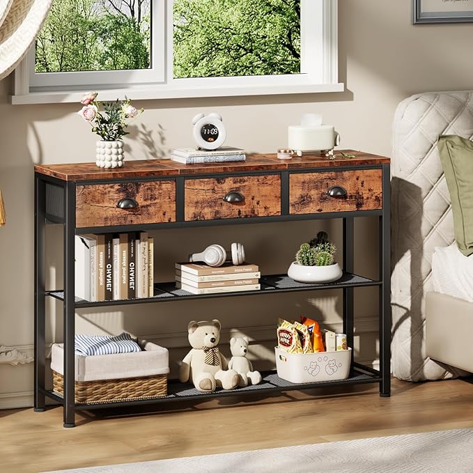 Furologee Entryway Table, 38'' Console Sofa Table with 3 Fabric Drawers, Industrial Entry Way Table with Storage Shelves, Display Shelf for Living Room, Hallway, Entrance, Foyer, Rustic Brown-NeatNest