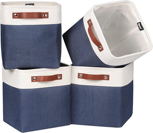 Univivi Fabric Cube Bins Set of 4 Storage Baskets with PU Handles for Home Closet Foldable Storage Bins (Blue, 10.5" x 10.5" x 11")-NeatNest