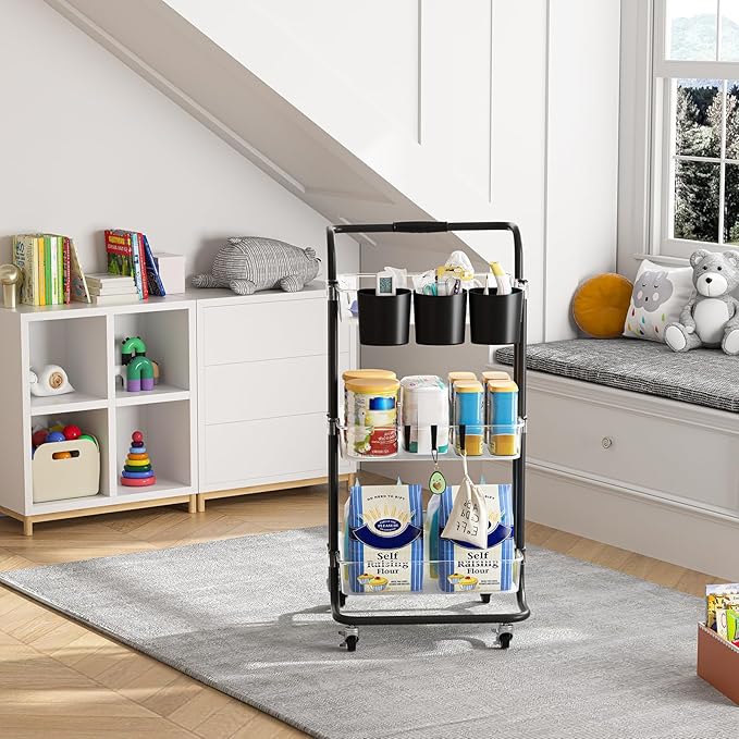 3 Tier Rolling Cart with Metal Handle, Hanging Cups, Hooks, Plastic Storage Baskets & Wheels Lockable, Utility Craft Cart for Bathroom Classroom Office Kitchen Pantry Organizers and Storage, Clear-NeatNest