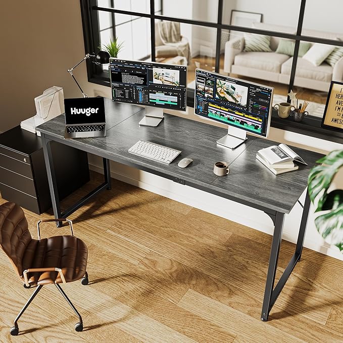 Huuger Computer Gaming Desk, 63 Inch Office Desk With Storage, Writing Work Surface for Home Office, Study, Modern Simple Style, Large Legroom, Metal Frame, Grey-NeatNest