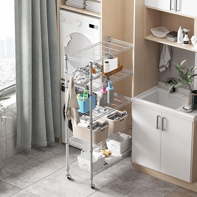 Homdox 5 Tier Adjustable Rolling Storage Shelves, Heavy Duty Wire Racks and Shelving, Metal Shelves for with Side Hooks Pantry Closet Kitchen Garage Organization, Silver Gray-NeatNest