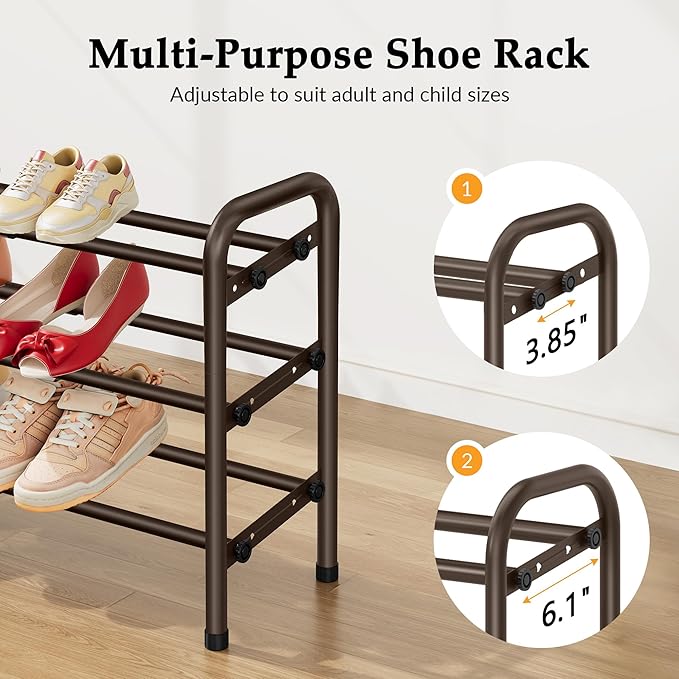 3 Tier Shoe Organizer, Shoe Rack for Closet, 28“ Metal Shelf Can Expandable to 42“, for Bedroom, Entryway, Closet, Garage, Adjustable to 18 Pairs Shoes, Brown-NeatNest