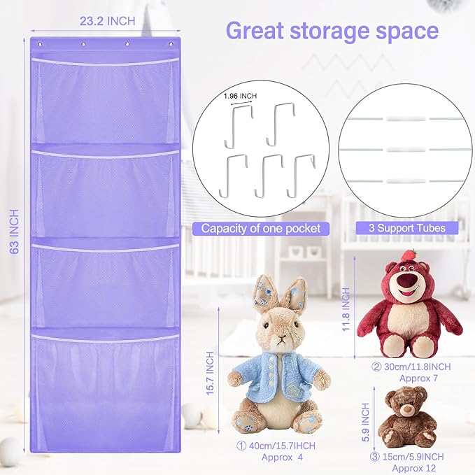 Hanging Stuffed Animal Storage, Over Door Large Plush Toy Organizer with Metal Hook, Baby Accessory Holder Idea for Nursery, Doll & Bear Mesh Hammock Bag for Girl Boy Kid Room-NeatNest