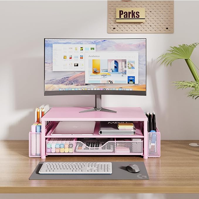 Desk Organizer and Accessories, 2-Tier Computer Monitor Stand Riser with Drawer and 2 Pen Holders, Laptop Stand, Office Desk Accessories for Office Supplies, Pink