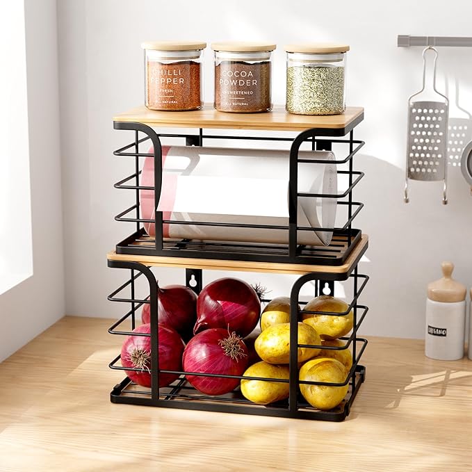 2 Pack Extra Large Stackable Pantry Organizers and Storage,Wall Mount Trash Bag Holder Dispenser with Bamboo Top for Kitchen Laundry Room Organization,Black-NeatNest