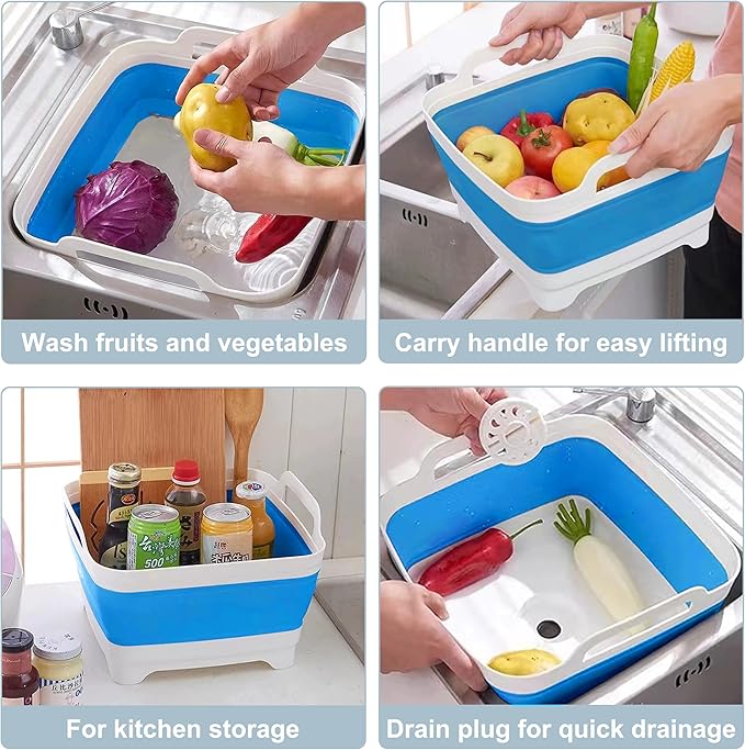 2.4 Gal(9L) Collapsible Dish Basin with Drain Plug, Space Saving Outdoor Multiuse Foldable Sink Tub, Dishpan, Kitchen Storage Tray for Camping, Vegetable Washing, RV (Blue)-NeatNest