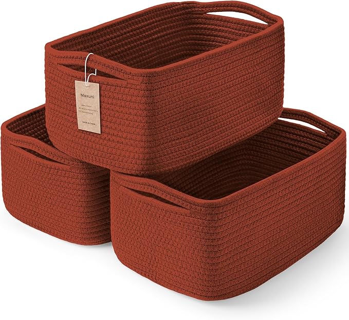 3-Pack Storage Baskets for Organizing | Woven Shelf Toy Basket | Rope Baskets for Gifts Empty | Closet Organizer Bins with Handles | Cube Decorative Box | 13.7×7.1×6.7” | Brick Red-NeatNest