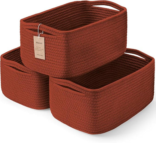 3-Pack Storage Baskets for Organizing | Woven Shelf Toy Basket | Rope Baskets for Gifts Empty | Closet Organizer Bins with Handles | Cube Decorative Box | 13.7×7.1×6.7” | Brick Red-NeatNest