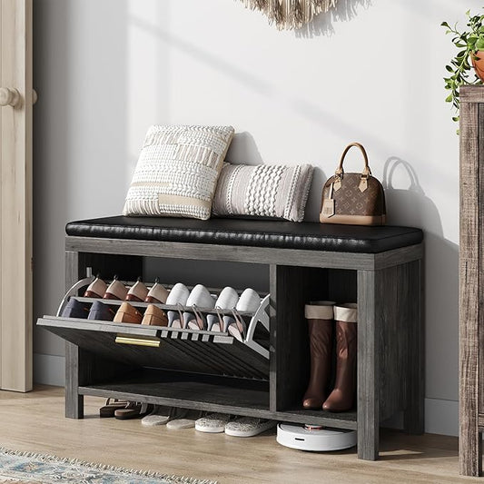 40" Shoe Storage Bench with Flip Drawers & Padded Seat Cushion, Adjustable Shelf, Slatted Doors Entryway Bench Shoe Cabinet with Bench for Entryway Living Room Bedroom, Oak Grey