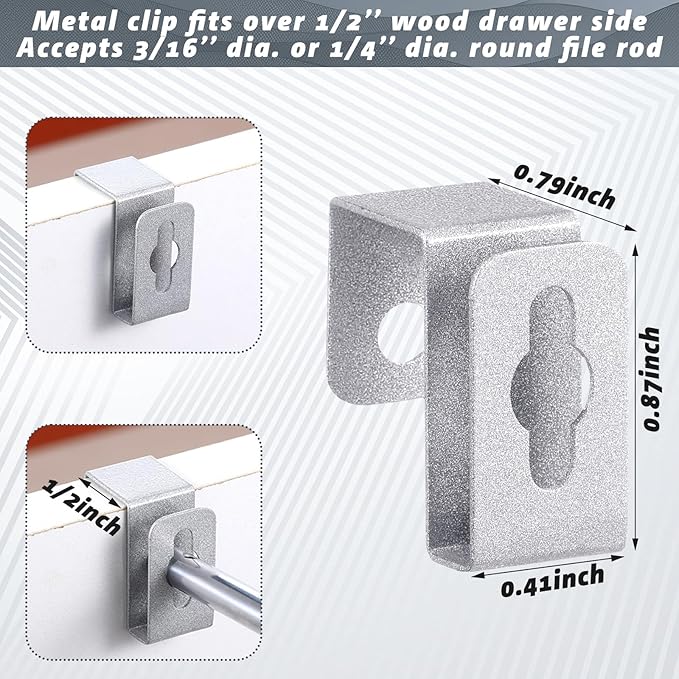 Hicarer 8 Pcs Metal Hanging File Bracket Clips Storage Hanging Rail Clips Metal Divider Fits 1/2" Drawer Side for File Storage