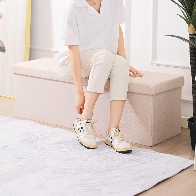 CUYOCA Shoe Storage Ottoman Foldable Seat Footrest Tufted Bench End of Bed Storage with Flipping Lid, 166L Storage Upholstered , Linen Fabric Beige, 45.3 Inches-NeatNest