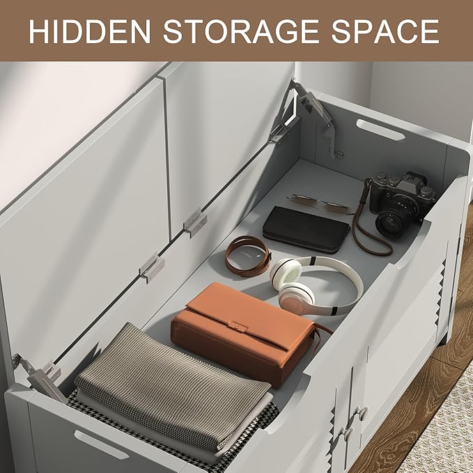 ChooChoo Shoe Storage Bench with Lift Top Storage, Entryway Bench with 2 Cushioned Seats, 3 Compartments, Adjustable Shelf, Shoe Cabinet for Entryway, Bedroom, Living Room, Grey-NeatNest