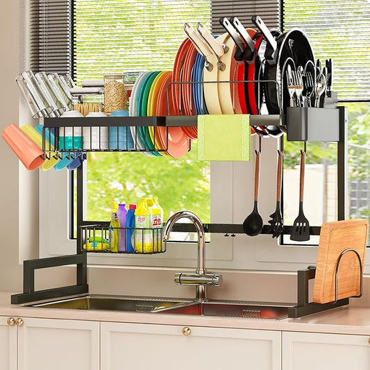 Over Sink Dish Drying Rack (Expandable Height/Length) Snap-On Design Large Dish Draine Storage Counter Organizer (24" - 35.5" L x 12" W x 19" - 22" H)