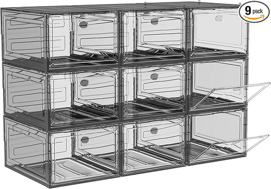9 Pack Shoe Organizer, Upgrade Harder Solid Plastic Shoe Storage, Shoe Boxes Clear Plastic Stackable, Sneaker Storage, Shoe Organizer for Closet, Shoe Display Case, Black-NeatNest