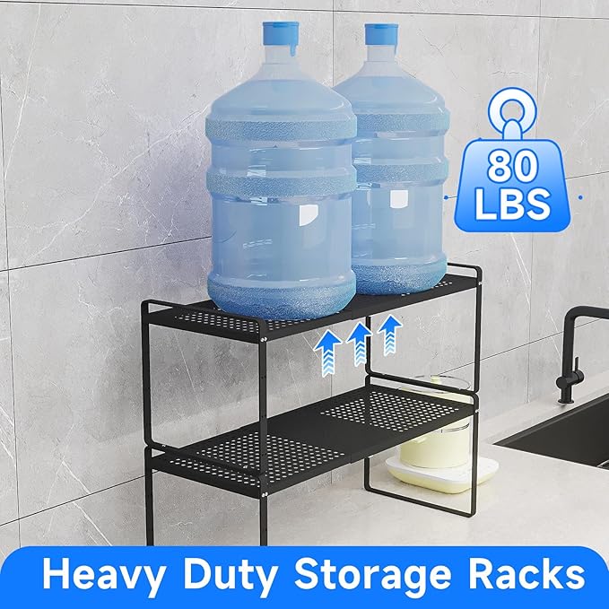 Expandable Cabinet Shelf Organizers, Kitchen Small Stand Rack Organization for Countertop Cupborad Pantry, Black 3 Pack-NeatNest
