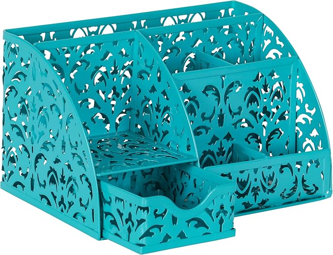 EasyPAG Desk Organizer with Sliding Drawer - 6 Compartments Metal Desktop Caddy, Decorative Elegant Hollow Flower Design, Anti-Scratch Pads for Home, Office, School, Dark Teal-NeatNest