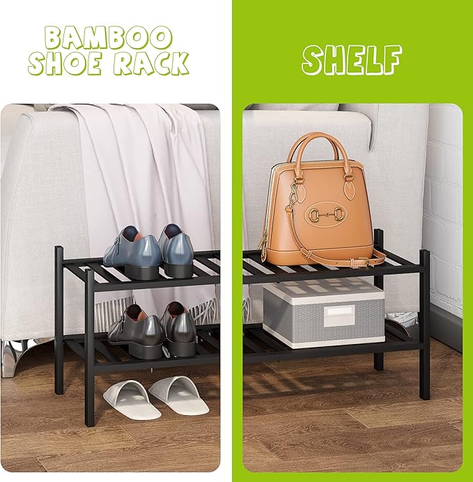 BMOSU 2-Tier Bamboo Shoe Rack Premium Stackable Shoe Shelf Storage Organizer for Hallway Closet Living Room Entryway Organizer (Black Bamboo)-NeatNest