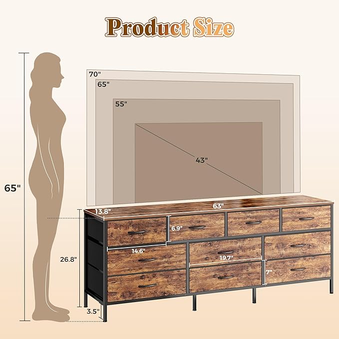 Huuger 63 Inch Dresser for Bedroom, Long Dresser with 10 Fabric Drawers, TV Stand for 55, 65, 70 Inch TV, Toy Storage Organizer for Closet, Rustic Brown-NeatNest