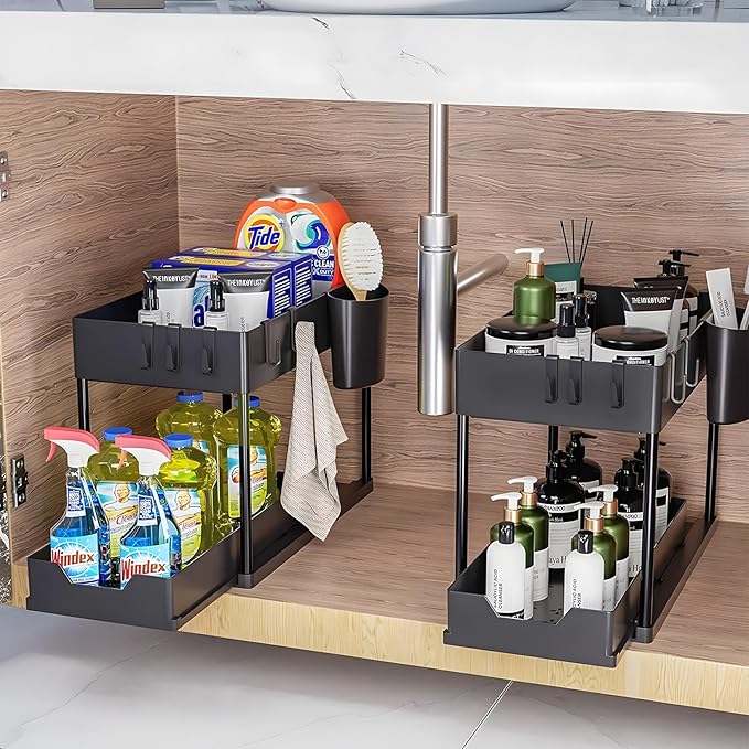 2 Pack Under Sink Organizer, 2 Tier Bathroom Organizers and Storage, Cabinet Organizer with Hook, Multi-Purpose Under Sink Organizers and Storage for Bathroom & Kitchen, Bedroom (Black)-NeatNest