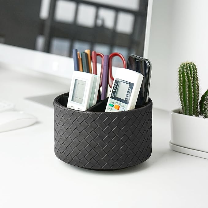 Hennaja Round Leather Art Supply Organizer,Remote Control Holder,360 Degree Spinning,Multi-Functional Pencil Holder,4 Compartments Desktop Stationary Organizer(1-Weave Black)-NeatNest