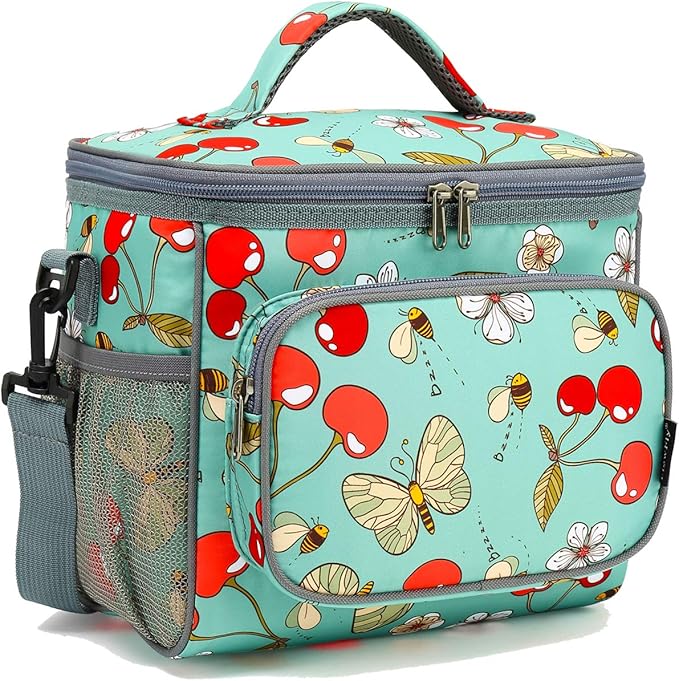 FlowFly Insulated Reusable Lunch Bag Adult Large Lunch Box for Women and Men with Adjustable Shoulder Strap,Front Zipper Pocket and Dual Large Mesh Side Pockets,Cherry-NeatNest