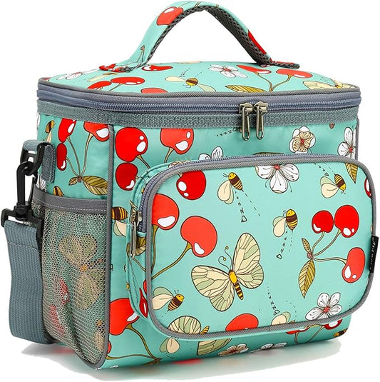 FlowFly Insulated Reusable Lunch Bag Adult Large Lunch Box for Women and Men with Adjustable Shoulder Strap,Front Zipper Pocket and Dual Large Mesh Side Pockets,Cherry-NeatNest