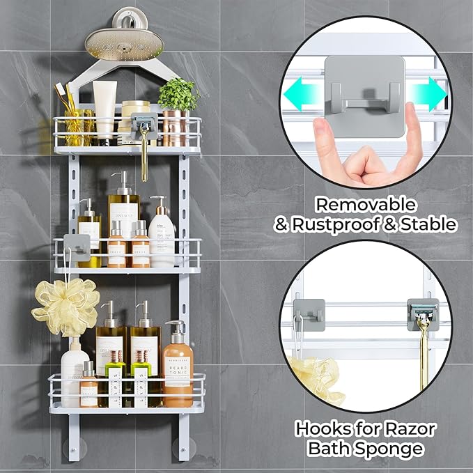 ODesign 3 Tier Height-Adjustable Shower Caddy Hanging Anti-Swing-Over The Shower Head Caddy-Storage Organizer Bathroom Shelves Basket - White