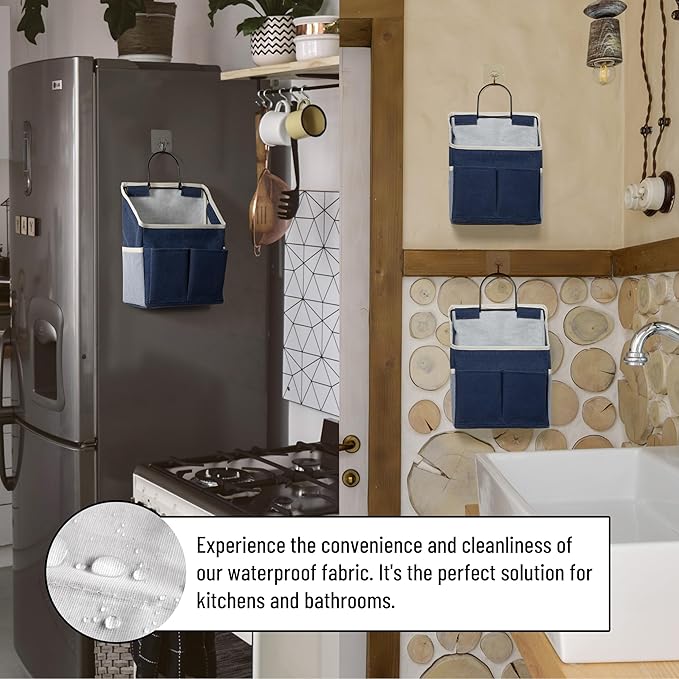 2pcs Wall Hanging Storage Bag, Small Door Closet Linen Fabric Pockets Organizer, Waterproof Multi Functional for Living Room Bedroom Bathroom Kitchen RV Camper with Hooks All Navy-NeatNest