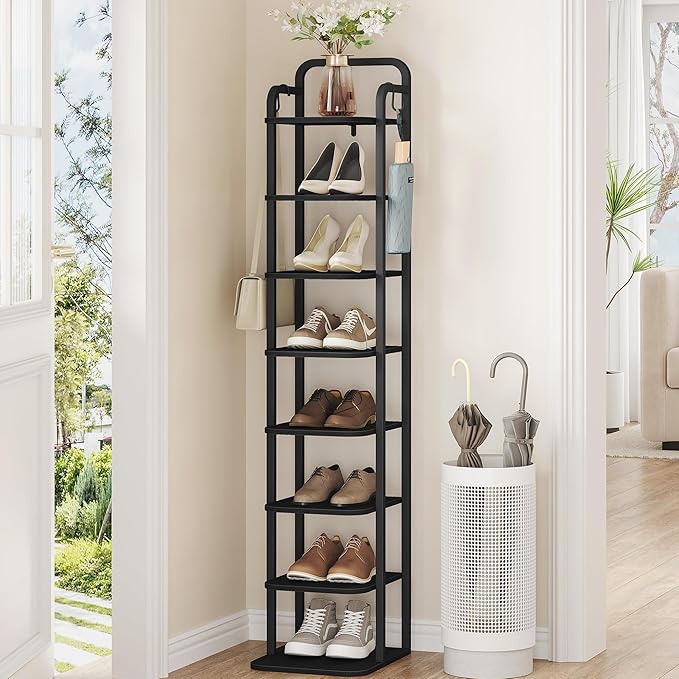 8 Tiers Vertical Shoe Rack, Narrow Shoe Tower, Tall Shoes Shelf with 2 Hooks, Adjustable Shelves, Corner Shoes Shelves for Small Spaces, Entryway, Living Room, Black SR04304B-NeatNest