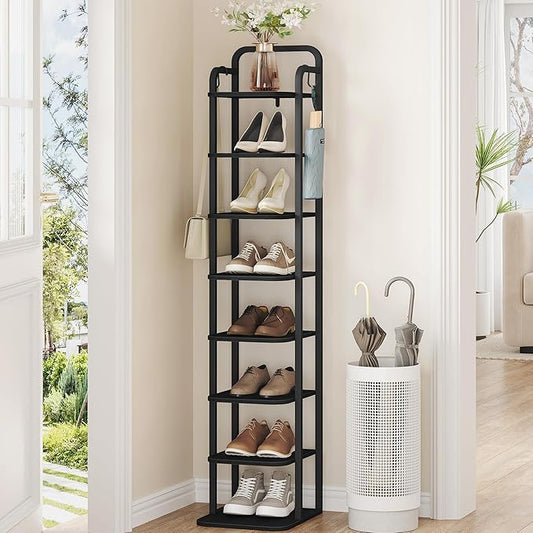 8 Tiers Vertical Shoe Rack, Narrow Shoe Tower, Tall Shoes Shelf with 2 Hooks, Adjustable Shelves, Corner Shoes Shelves for Small Spaces, Entryway, Living Room, Black SR04304B-NeatNest