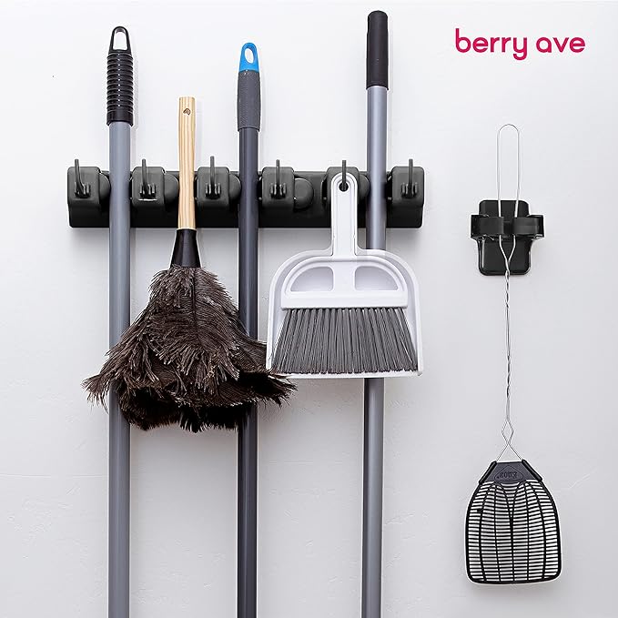 Combo 5 Slot Broom Holder w/ 1 Self Adhesive Mop Gripper No-Drilling, Wall Mount Tool Organizers For Kitchen, Garage, Laundry Room- Anti-Slip Hanger For Brooms, Mops, Rakes, Dustpans (Black / Black)-NeatNest