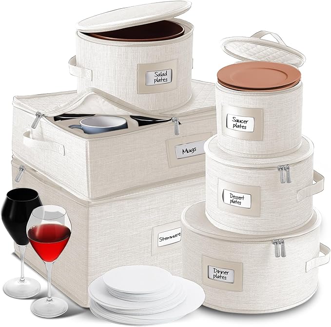 Hearth & Harbor Fine China Storage Containers, 6 Piece Dish Storage Containers, Stackable Plate Storage, Coffee Mug Storage and Wine Glass Storage Box with Dividers, Quilted Dish Organizers, Cream-NeatNest