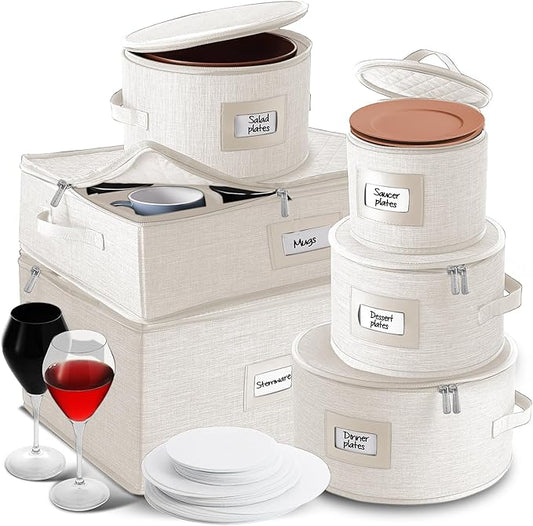 Hearth & Harbor Fine China Storage Containers, 6 Piece Dish Storage Containers, Stackable Plate Storage, Coffee Mug Storage and Wine Glass Storage Box with Dividers, Quilted Dish Organizers, Cream-NeatNest