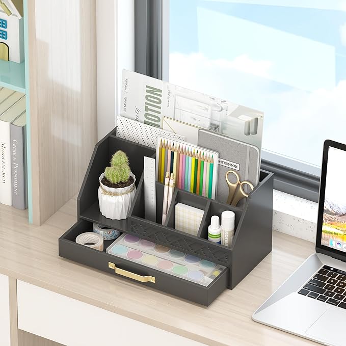 Bamboo Desk Organizer with Drawers, Mail Organizer Countertop Wood Desk Drawer Tabletop Storage Organization Pen Holder Letter Sorter Makeup Organizer for School Home Office (Black)-NeatNest