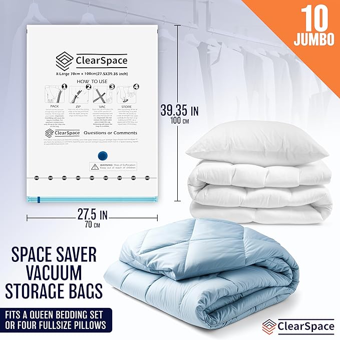 Vacuum Seal Bags for Clothing Travel, 10 Jumbo - Space Saver Vacuum Storage Bags, Blanket & Clothes Storage Bags Vacuum Sealed – Hand Pump Included, Bolsas Para Guardar Ropa Al Vacío-NeatNest