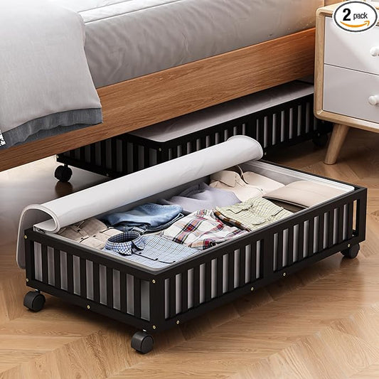 Bamboo Under Bed Storage Containers with Wheels, 2 Pack Large Under the Bed Shoe Storage Bins, Wood Rolling Underbed Drawers Organizer for Bedroom Closet Clothes Blanket Under Crib Toy Black-NeatNest