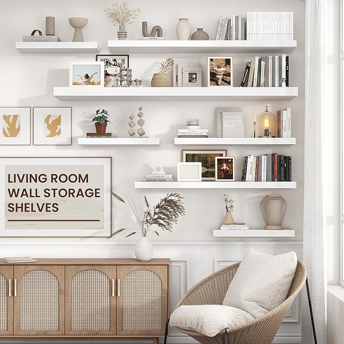 Floating Shelves for Wall, 47.24"W x 9.25"D x 1.5"H, 2 Pack of Long Wall Mounted Engineered Wood Shelves with Invisible Brackets for Living Room, Bedroom, Bathroom, Kitchen Decor and Storage, White-NeatNest