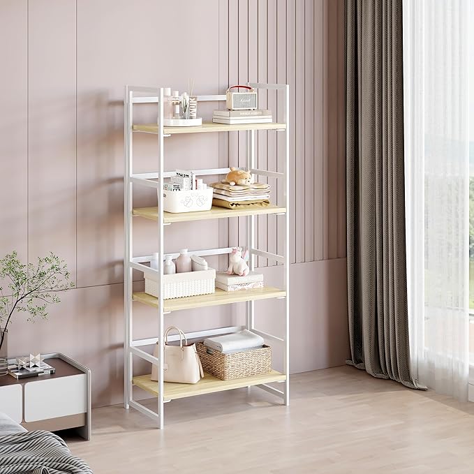 BHG Vintage Multifunctional Folding Bookshelf, No-Assembly Plant Stand Storage Rack Shelves for Home Office (White, 4-Tier)-NeatNest