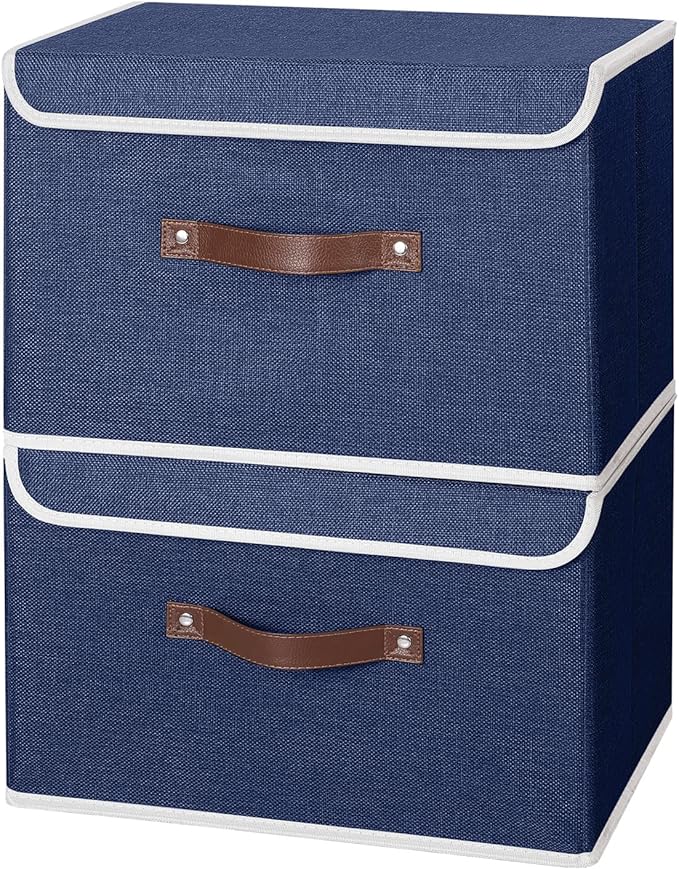 ANMINY 2PCS Storage Bins with Lid PU Leather Handles Storage Boxes PP Plastic Board Decorative Foldable Lidded Cotton Linen Fabric Home Cubes Baskets Closet Organizer Containers - Blue, Large Size-NeatNest
