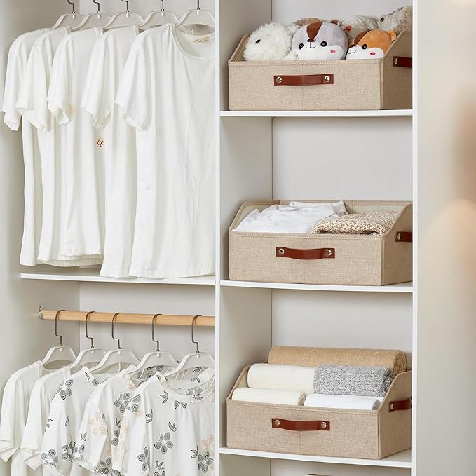Closet Organizers and Storage, Linen Trapezoid Storage Bins with Handles, Collapsible Shelf Organizer for Blanket, Towel, Clothes, Hats, Purse (Khaki)-NeatNest