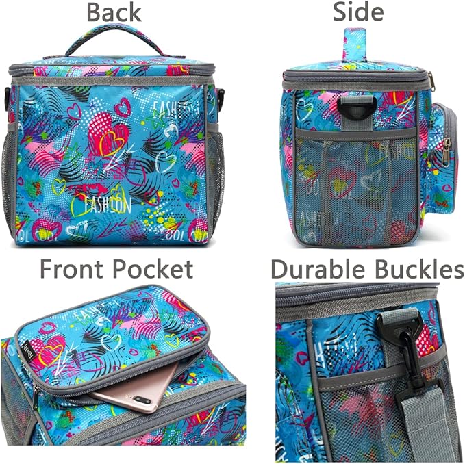FlowFly Insulated Reusable Lunch Bag Adult Large Lunch Box for Women and Men with Adjustable Shoulder Strap,Front Zipper Pocket and Dual Large Mesh Side Pockets,Heart-NeatNest