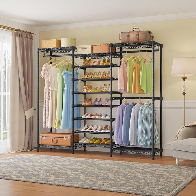 VIPEK S3 Heavy Duty Garment Rack Freestanding Clothes Rack Closet Storage Organizer Large Wardrobe with 6-Tier Shoe Rack, Hanging Rod, Adjustable Shelf, 68.9" L x 15.7" W x 76.4" H, Black-NeatNest