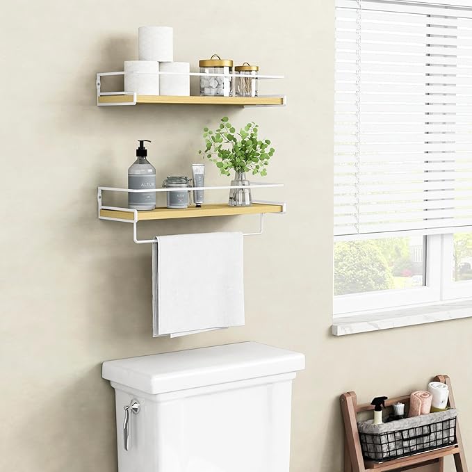 Forbena Floating Shelves for Wall with Rail, White and Natural Wood Nursery Book Shelves for Baby Girls Boys Kids Room Bedroom, Hanging Bookshelves Wall Mounted for Books, Toys, Bathroom (Set of 2)-NeatNest
