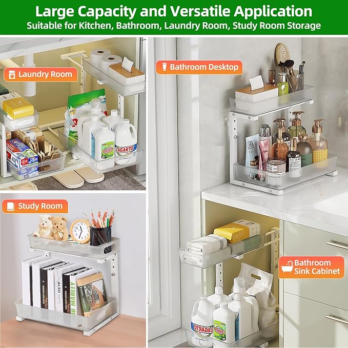 2 Pack Under Sink Organizer, Pull Out Cabinet Organizer 2 Tier Slide Out, Under Sink Organizers and Storage Height Adjustable for Kitchen Bathroom Cabinet, Metal-NeatNest